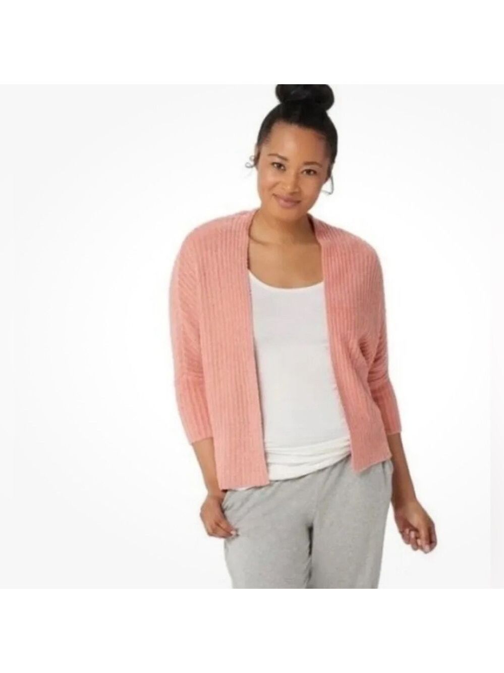 Barefoot Dreams Cozy Chic Light Ribbed Shrug Cardigan Coral 3/4 Sleeve SZ S M